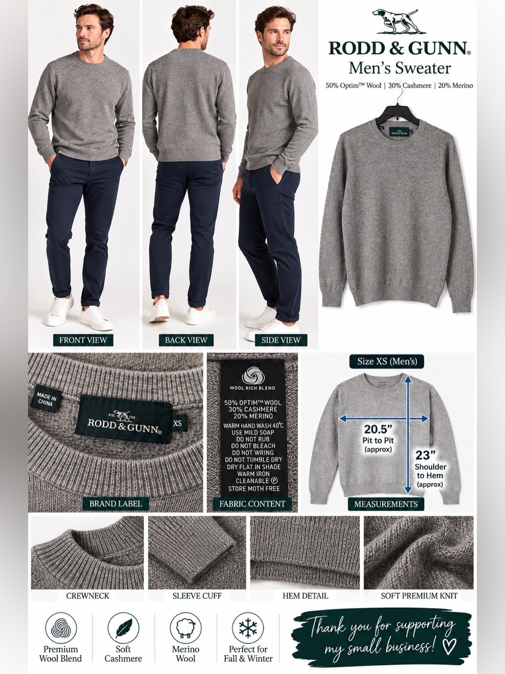Rodd & Gunn Men’s XS Gray Wool Cashmere Merino Crewneck Sweater